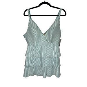 Swim by Cacique Women’s 14 Tankini Swim Top Seersucker Stripe Green Ruffle NEW